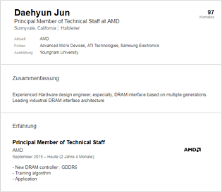 Linkedin-Profil von AMD-Mitarbeiter Daehyun Jun